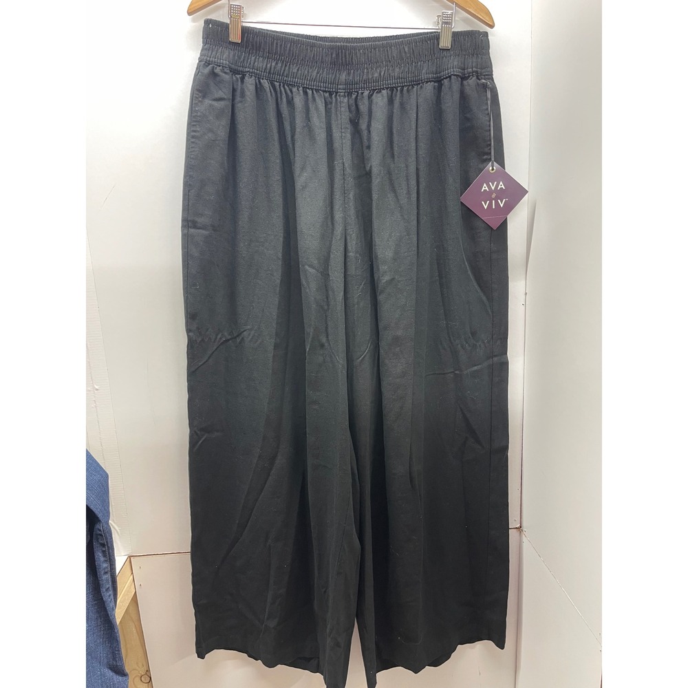 Ava & Viv Womens 2X Black Linen Blend Wide Leg Elastic Waist Pull On Pants NWT